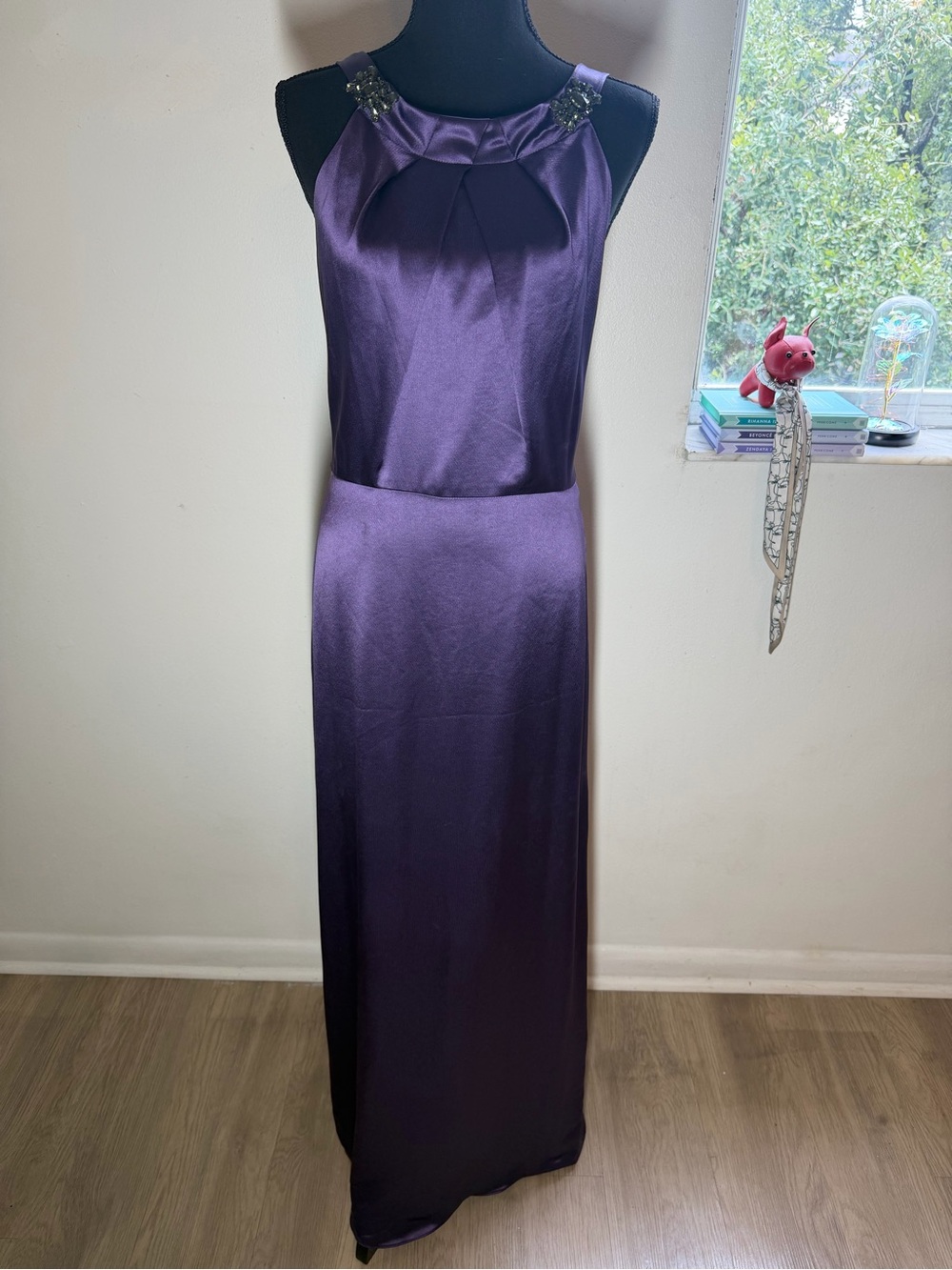 Vera Wang Jewel-Embellished Purple Satin Maxi Dress